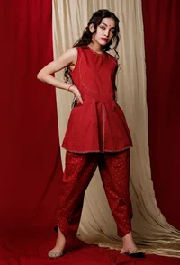Maroon Cotton Top with Zari Details image 1
