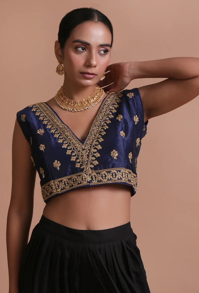 Navy Blue Color Raw Silk Embroidered Blouse