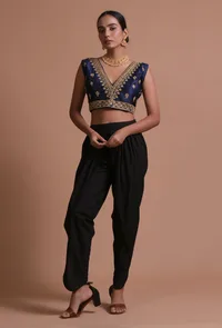 Navy Blue Color Raw Silk Embroidered Blouse image 2
