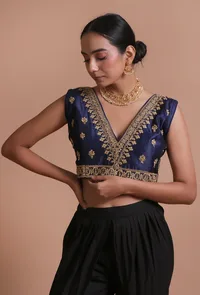 Navy Blue Color Raw Silk Embroidered Blouse image 4