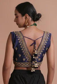 Navy Blue Color Raw Silk Embroidered Blouse image 6