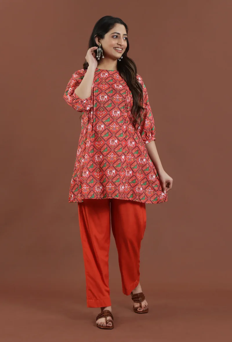 Rust Red Patola Printed Tussar Silk Kurta