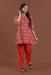 Rust Red Patola Printed Tussar Silk Kurta image 1