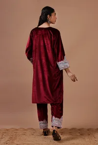 Maroon Velvet Zari Embroidered Kurta & Pant Set- Free Size image 4