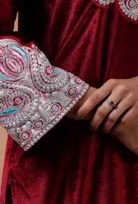 Maroon Velvet Zari Embroidered Kurta & Pant Set- Free Size image 6