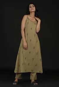 Set of 2: Okra Beige Handblock Slip and Pallazo image 1