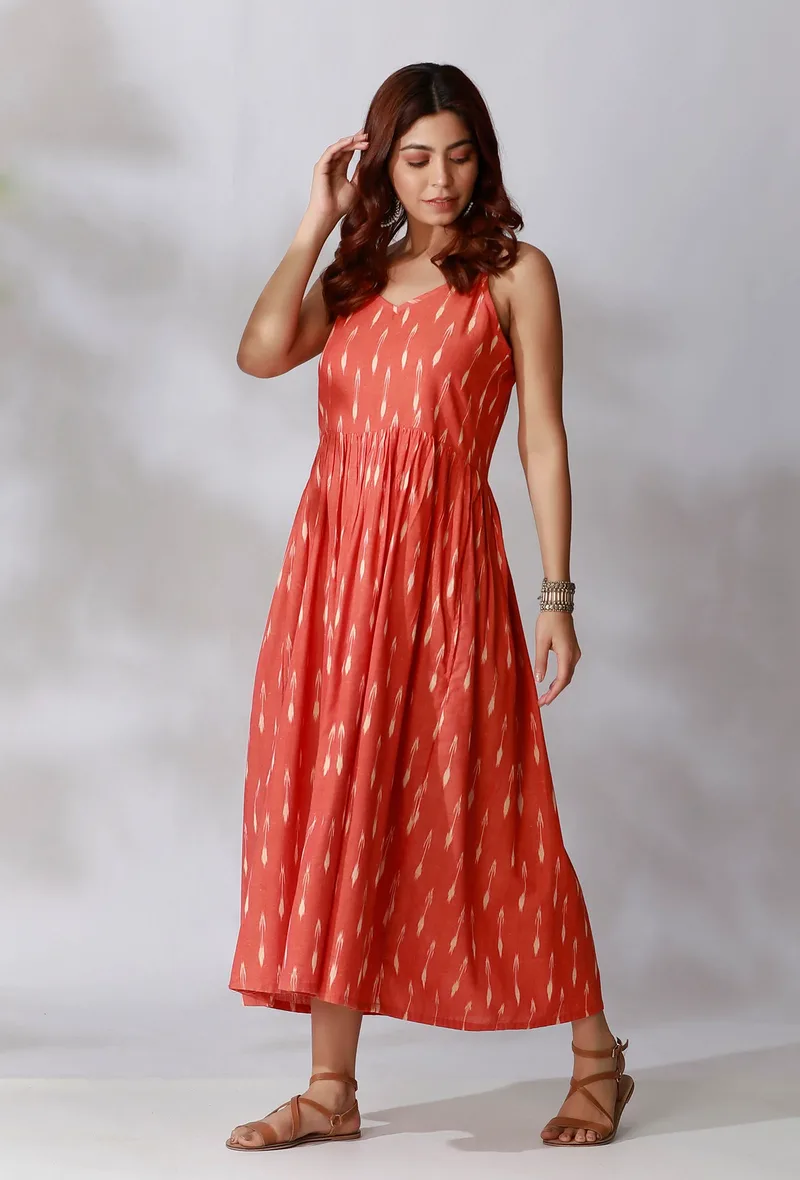 Orange Ikkat Gathered Slip Dress