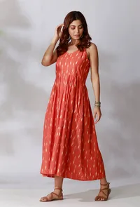 Orange Ikkat Gathered Slip Dress image 1