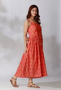 Orange Ikkat Gathered Slip Dress image 2