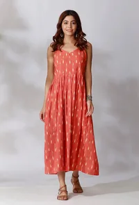 Orange Ikkat Gathered Slip Dress image 3