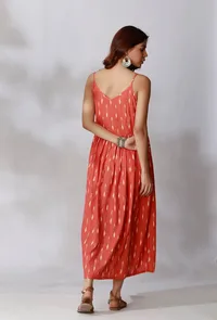 Orange Ikkat Gathered Slip Dress image 4