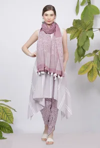 Lilac Hand-Block Printed Kota Tasseled Dupatta image 2