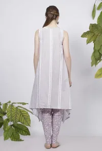 Set of 2: Lilac Asymmetrical Hand-Block Printed Cotton Kurta with Lilac Floral Block Printed Cotton Dhoti image 4