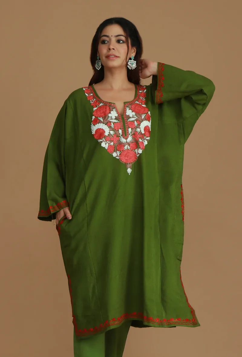 Olive Green Phiran with Red and White Aari Embroidery- Free Size