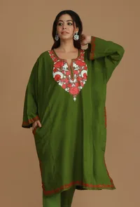Olive Green Phiran with Red and White Aari Embroidery- Free Size image 1