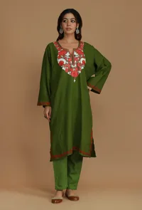 Olive Green Phiran with Red and White Aari Embroidery- Free Size image 2