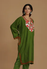 Olive Green Phiran with Red and White Aari Embroidery- Free Size image 3