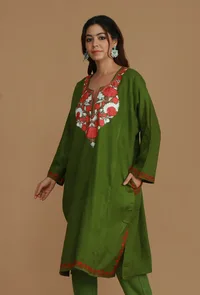Olive Green Phiran with Red and White Aari Embroidery- Free Size image 4