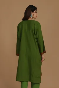 Olive Green Phiran with Red and White Aari Embroidery- Free Size image 5