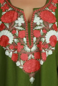 Olive Green Phiran with Red and White Aari Embroidery- Free Size image 6