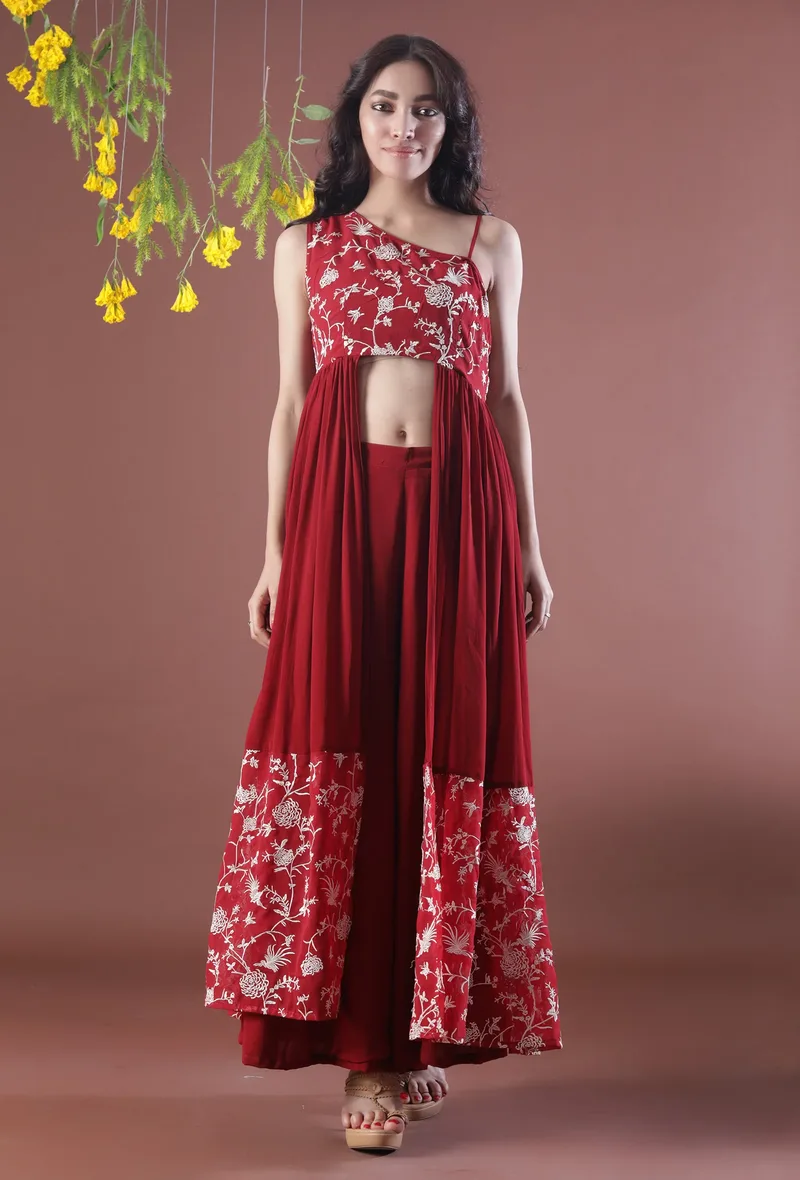 Cherry Red Parsi Embroidered Flared Georgette Kurta
