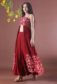 Cherry Red Parsi Embroidered Flared Georgette Kurta image 2