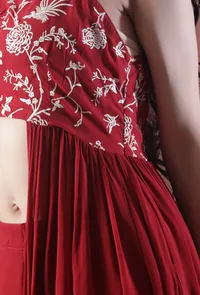 Cherry Red Parsi Embroidered Flared Georgette Kurta image 4