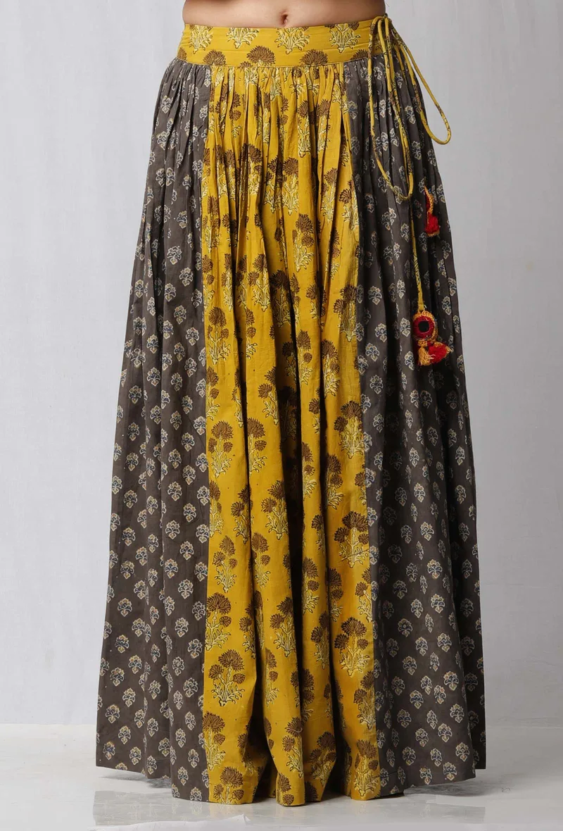 Yellow and Brown Ajrakh Printed Skirt