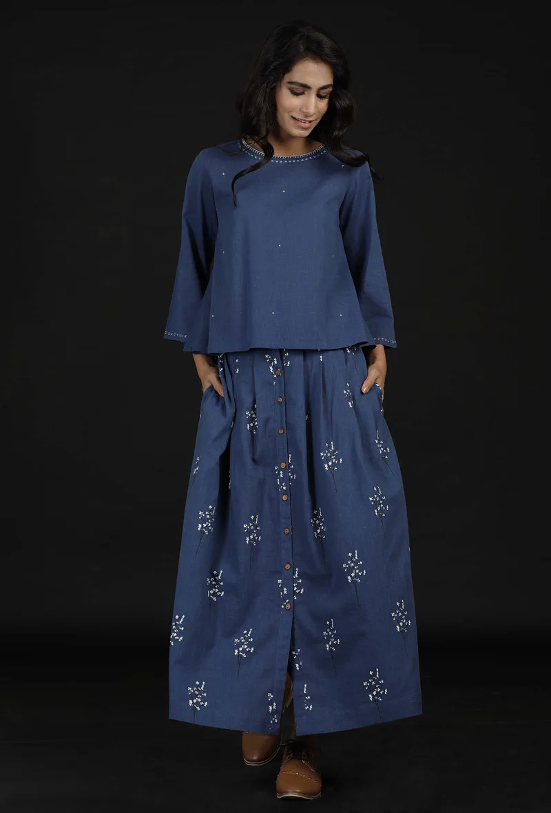 Set of 2: Denim Blue Hand Detailed Cotton Top with Block Print Cotton Skirt