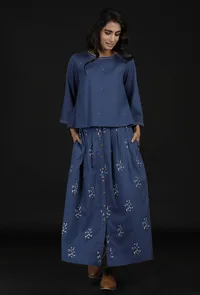 Set of 2: Denim Blue Hand Detailed Cotton Top with Block Print Cotton Skirt image 1