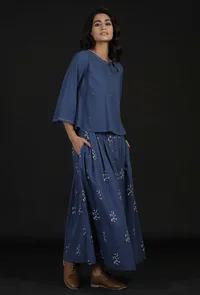 Set of 2: Denim Blue Hand Detailed Cotton Top with Block Print Cotton Skirt image 2