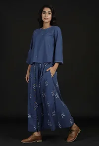 Set of 2: Denim Blue Hand Detailed Cotton Top with Block Print Cotton Skirt image 3