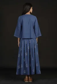 Set of 2: Denim Blue Hand Detailed Cotton Top with Block Print Cotton Skirt image 4