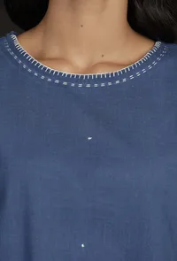 Set of 2: Denim Blue Hand Detailed Cotton Top with Block Print Cotton Skirt image 5