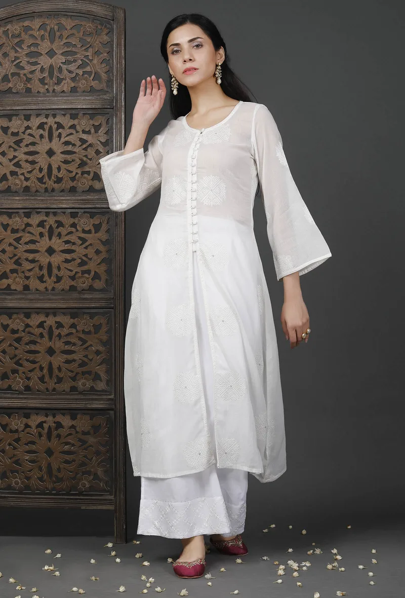 Set of 2: Long Embroidered White Kurta and Palazzos