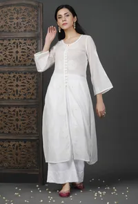 Set of 2: Long Embroidered White Kurta and Palazzos image 1