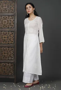 Set of 2: Long Embroidered White Kurta and Palazzos image 2