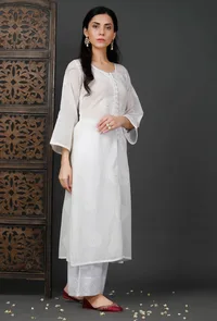 Set of 2: Long Embroidered White Kurta and Palazzos image 3