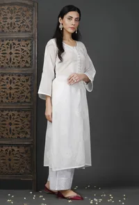 Set of 2: Long Embroidered White Kurta and Palazzos image 4