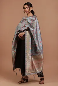 Grey Color Semi Silk Dupatta With Zari Weaving image 2