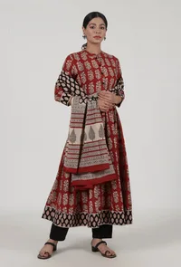 Set Of 3: Ajrakh Printed Red Cotton Anarkali, Black Pant & Dupatta Set image 1