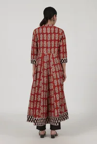 Set Of 3: Ajrakh Printed Red Cotton Anarkali, Black Pant & Dupatta Set image 3
