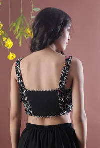 Black Parsi Multicolor Embroidered & Scalloped Georgette Crop Top image 4