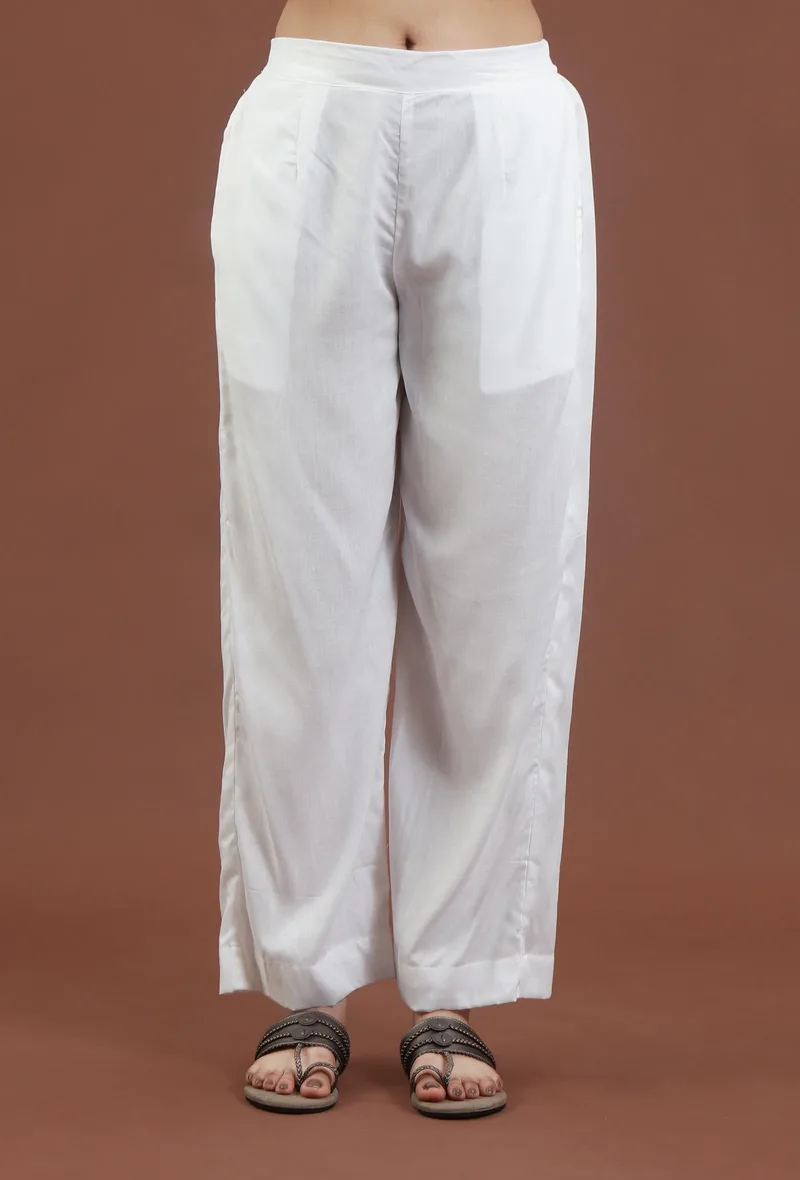 White Solid Cotton Straight Pant