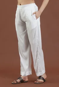 White Solid Cotton Straight Pant image 2
