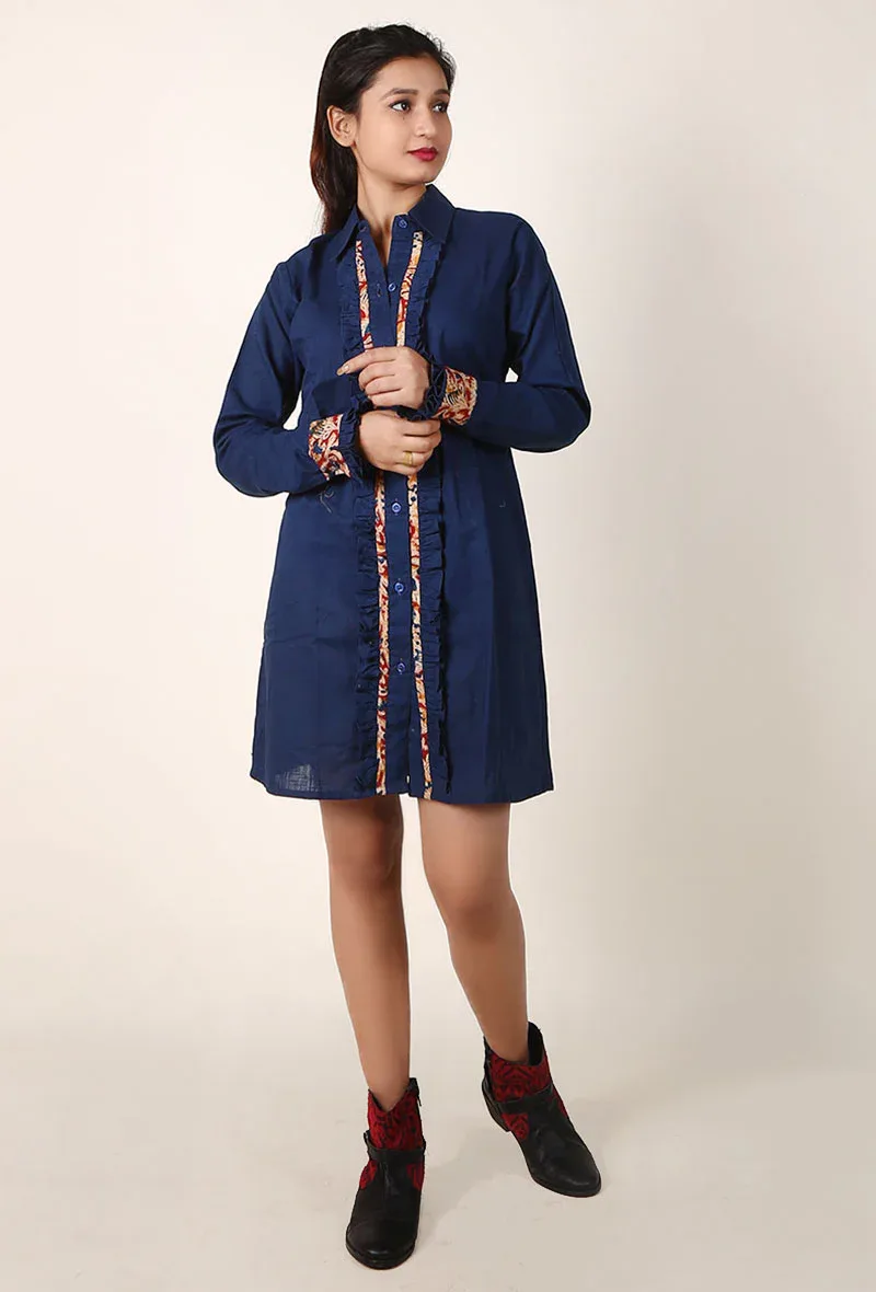 Cobalt Blue Ruffle Cotton Slub Shirt Dress With Kalamkari Cuffs