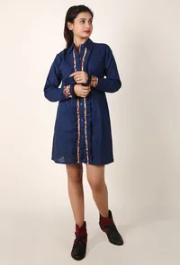 Cobalt Blue Ruffle Cotton Slub Shirt Dress With Kalamkari Cuffs image 1