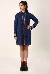 Cobalt Blue Ruffle Cotton Slub Shirt Dress With Kalamkari Cuffs image 2