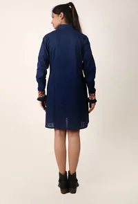 Cobalt Blue Ruffle Cotton Slub Shirt Dress With Kalamkari Cuffs image 4