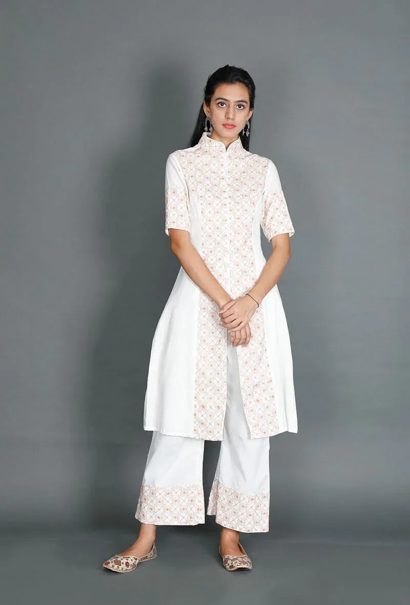 White Kurta With Mustard Kantha Embroidery